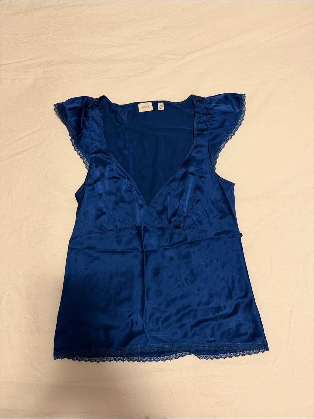Aritzia Deep Blue Satin V-Neck Lace-Trim Camisole